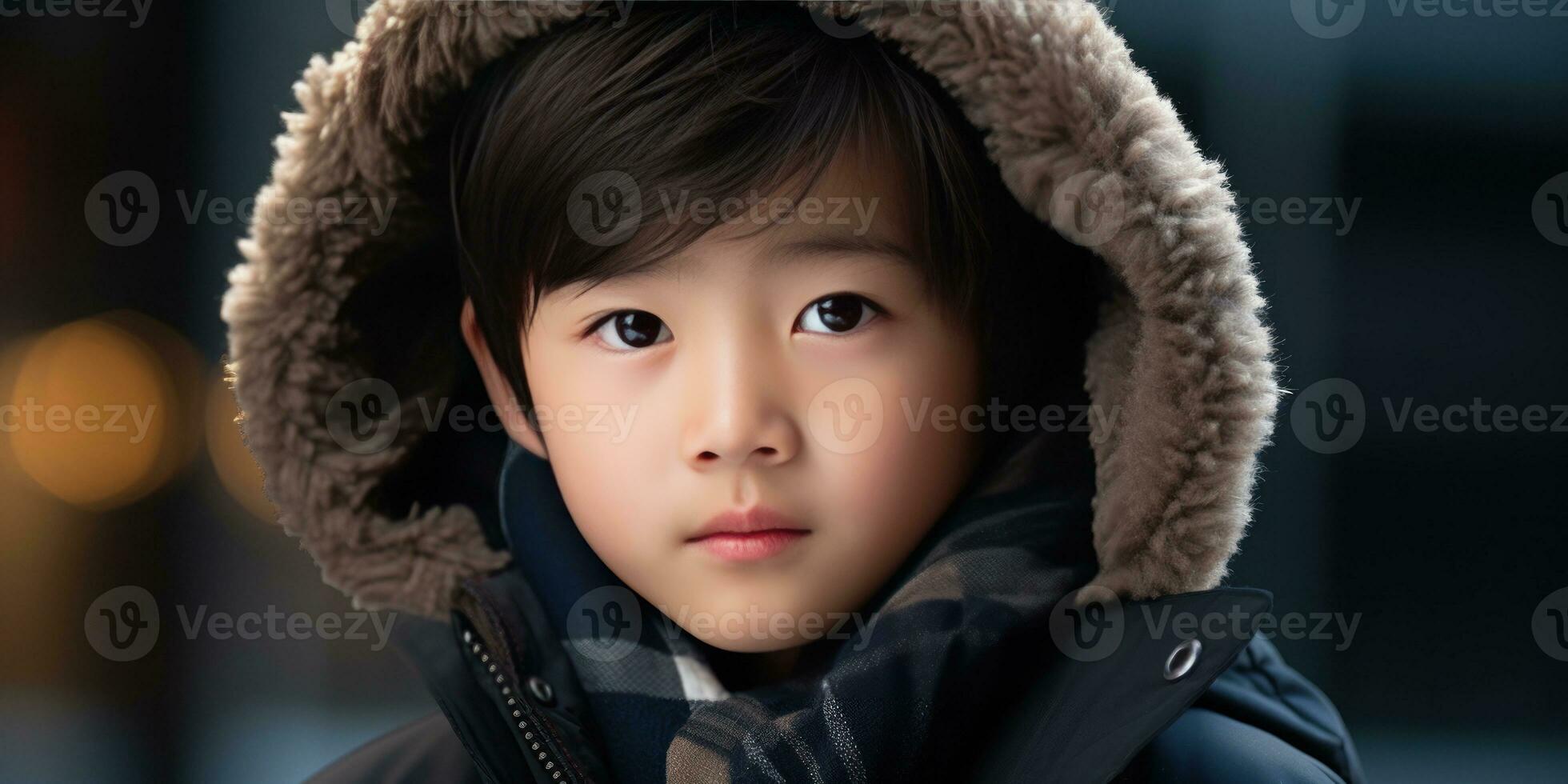 AI generated Close-up of a young Asian boy in winter attire. AI generative. photo