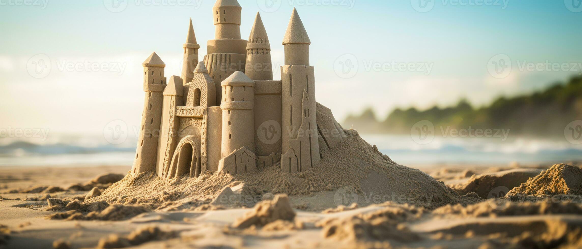 ai generado meticulosamente hecho a mano castillo de arena en contra el océano. ai generativo. foto