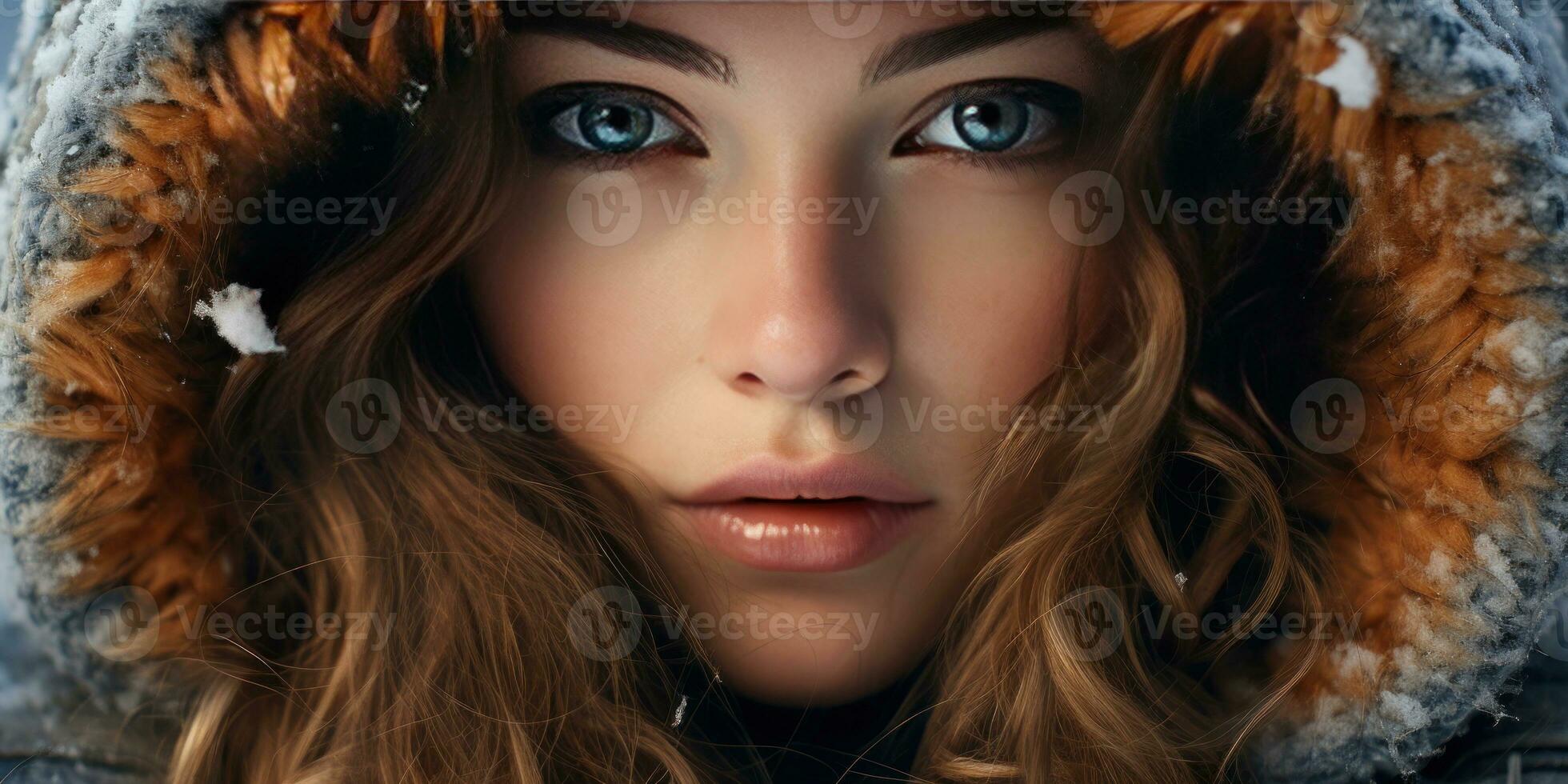 AI generated Close-up of woman in hooded coat, intense gaze, and detailed facial features. AI generative. photo