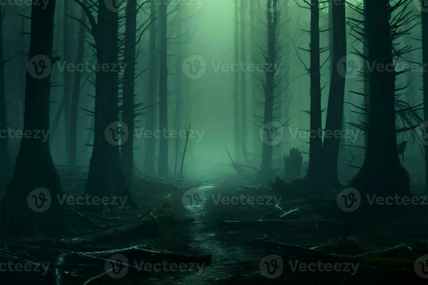 AI generated Haunting ambiance 3D rendering of misty forest with eerie concept photo