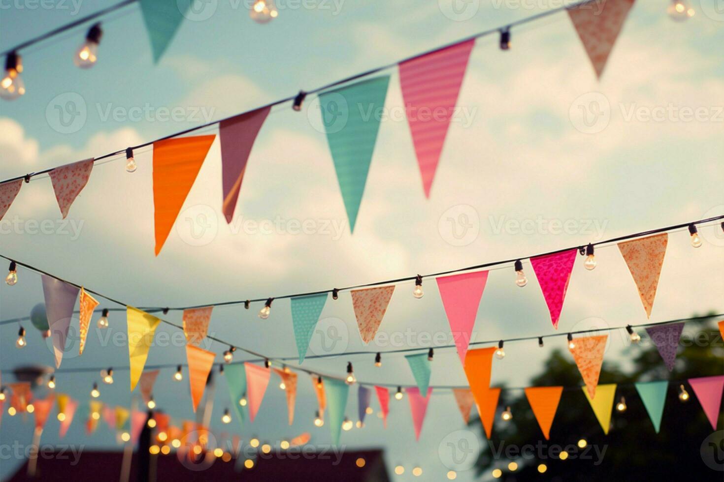 AI generated Vibrant festoons Colorful bunting flags and bulbs against the sky photo