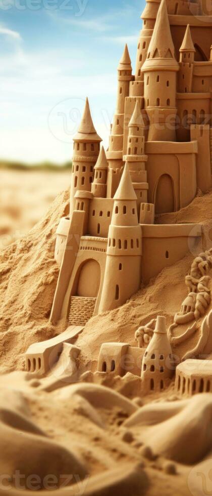 ai generado brillante y alegre imagen de un arenoso playa con un castillo de arena. foto