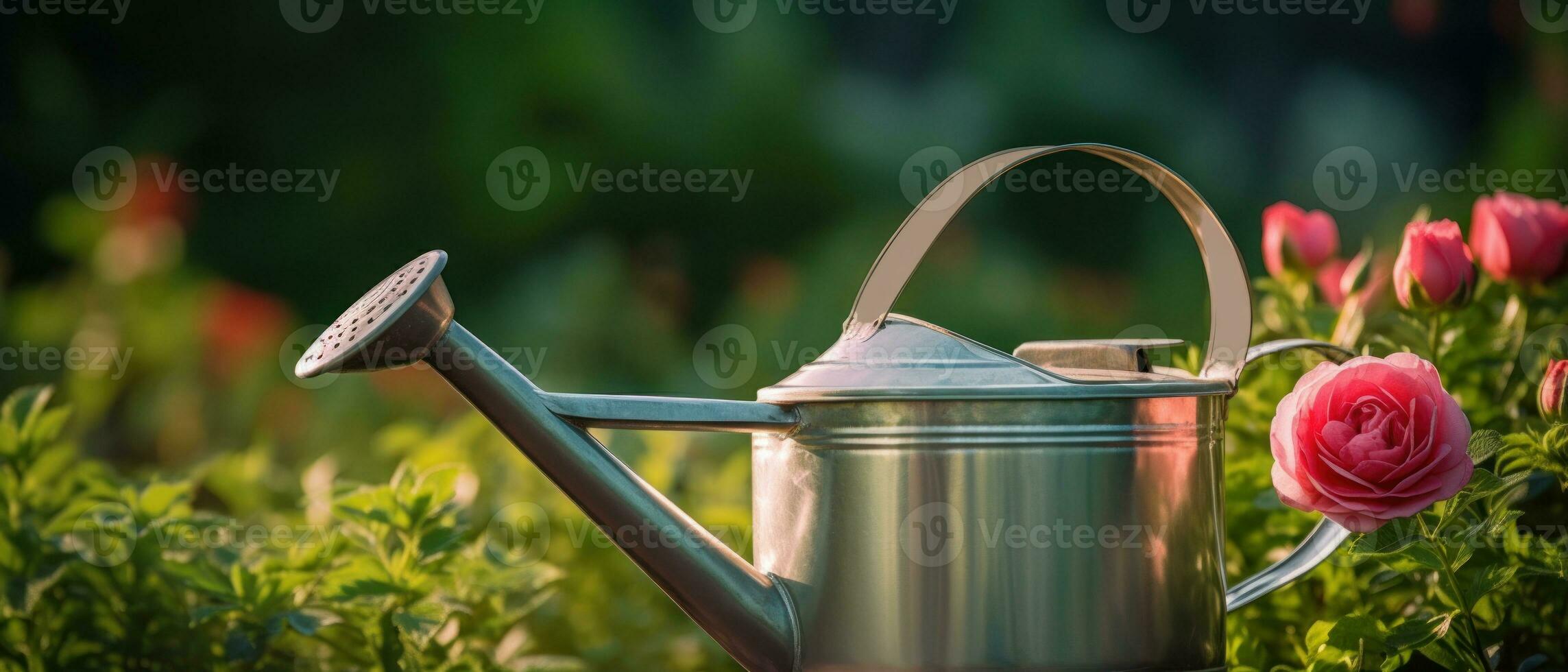 AI generated Charming watering can in a vibrant garden. AI generative. photo