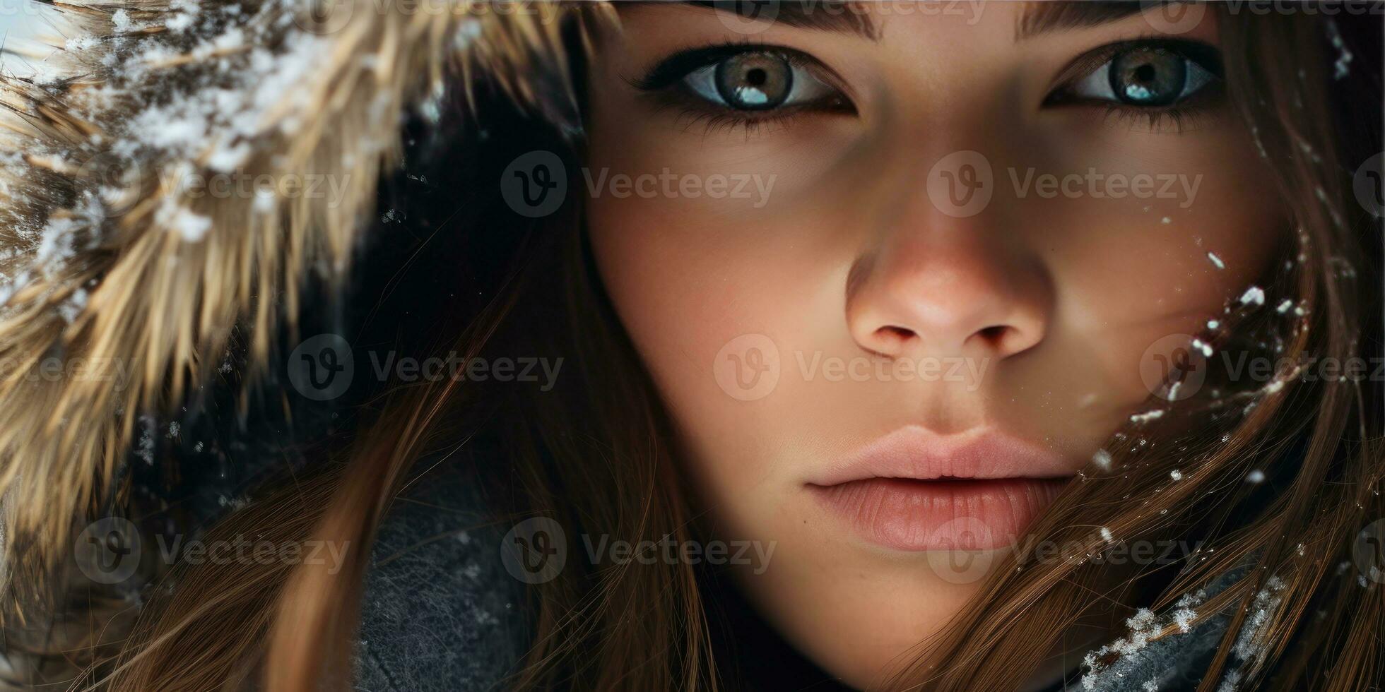 AI generated Close-up of woman in hooded coat, intense gaze, and detailed facial features. AI generative. photo