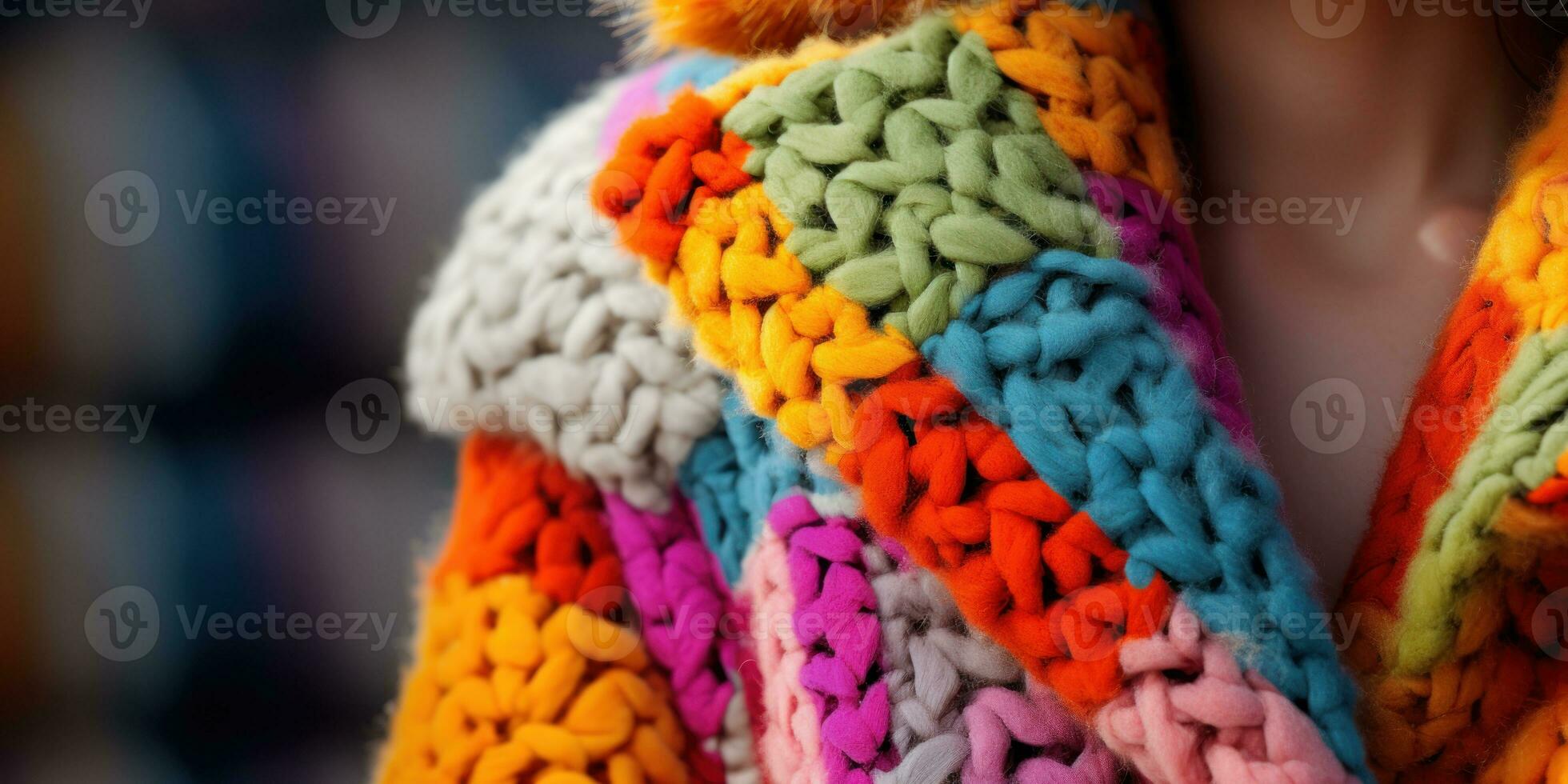 AI generated Woman in colorful knitted coat. AI generative. photo