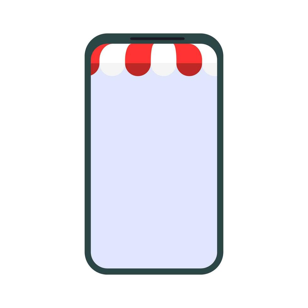 Online store in smartphone with awning. Smartphone mobile window retail with red awning, service shopping market place illustration vector