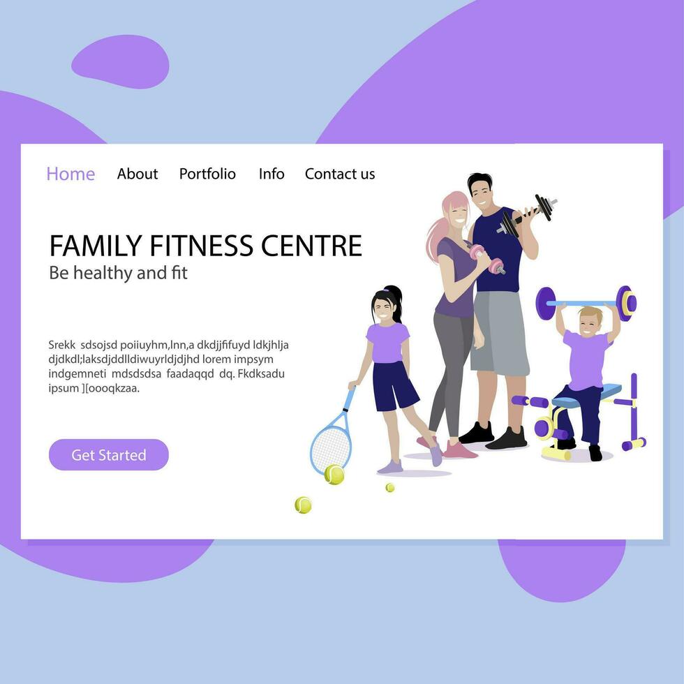 Family fitness centre. Be healthy and fit. Mother father with children son and daughter doing sport. Healthy behavior, presentation site page gym or port club. Vector illustration