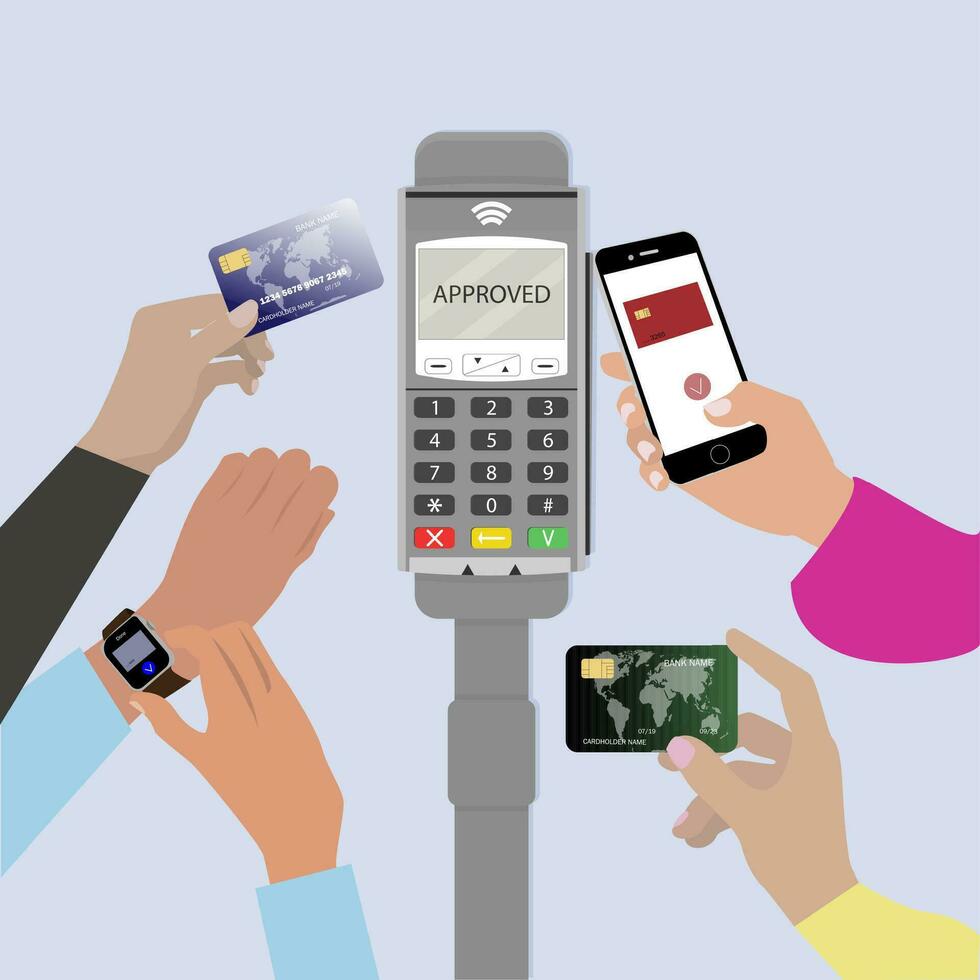 People pay pass terminal, smartphone, smartwatch and credit card. Terminal paypass payment contactless, pay transaction technology, vector illustration