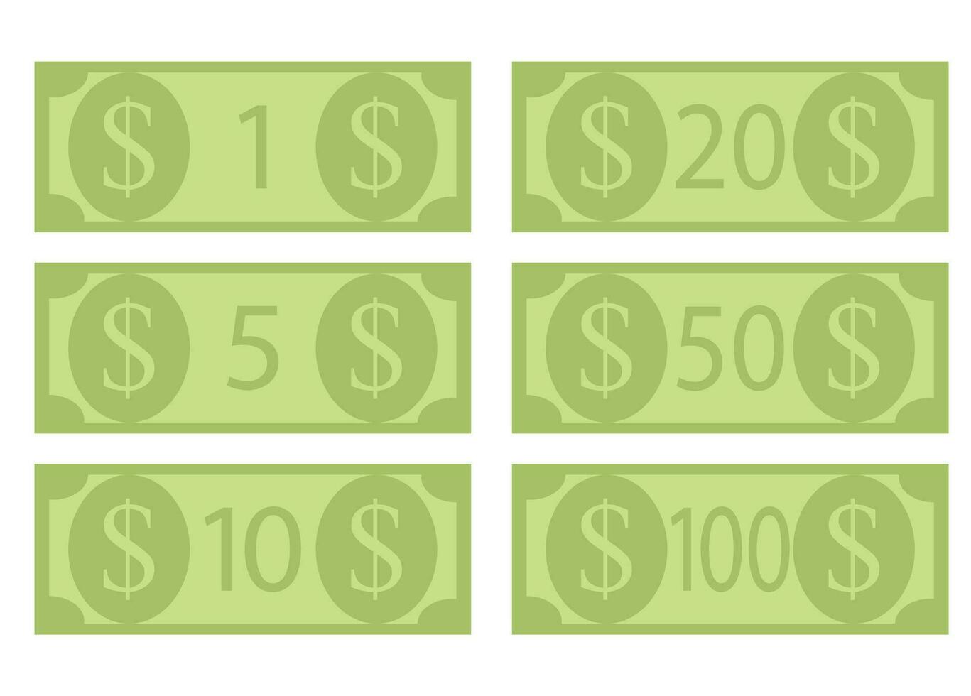 Denomination of dollar bills, hundred. Cash money cartoon 50 usa, hundred dollar currency, vector illustration