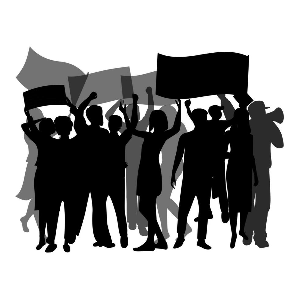 Crowd black silhouette isolated. Fans celebration cheerful, group crowd championship, equality strike and festival with flag. Vector illustration