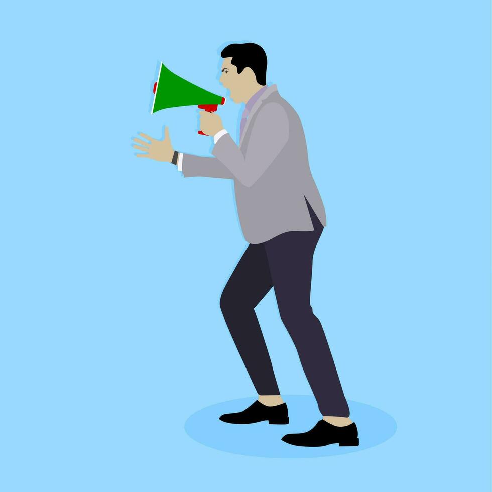 Man shouting in megaphone. Announcement communication, announce loud speech, broadcasting promotion, speak screaming, scream and warning message. Vector illustration