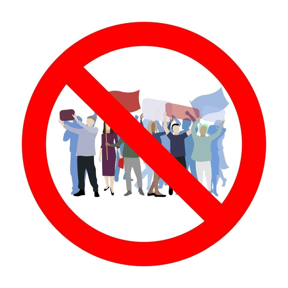 Forbidden mass meeting, protesting and demonstration. Vector icon prohibition protester and caution banned strike, attention and warning forbidden protest, interdiction rule illustration