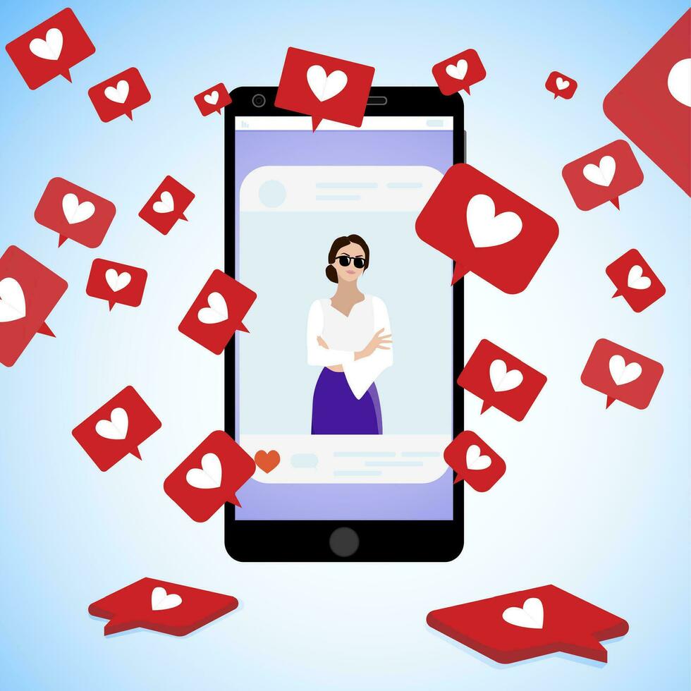 Social popularity in media. Popular post woman in social media with many hearts, smm and marketing promotion in internet. Vector illustration