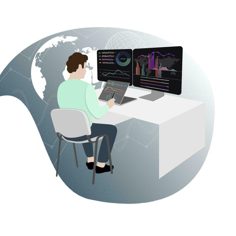 Stock trader at workplace, sell and buy. Young man looking at diagrams charts and graphs index multiple computer screen in traders office. Vector illustration analysis finance exchange and monitoring