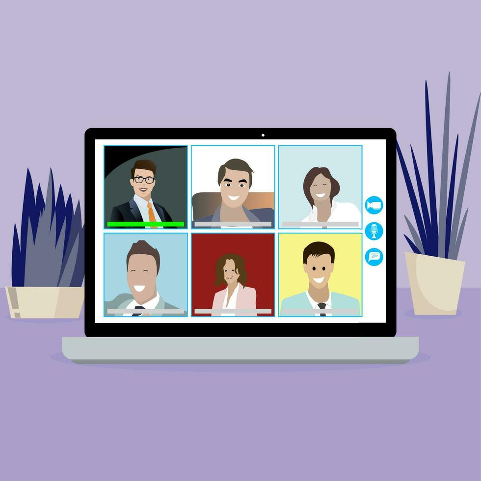 Video online conference meeting. Bussiness people conversation with laptop, watching and speak. Online friends meeeting in quarantine. Corporate teamwork distance. Vector training course illustration