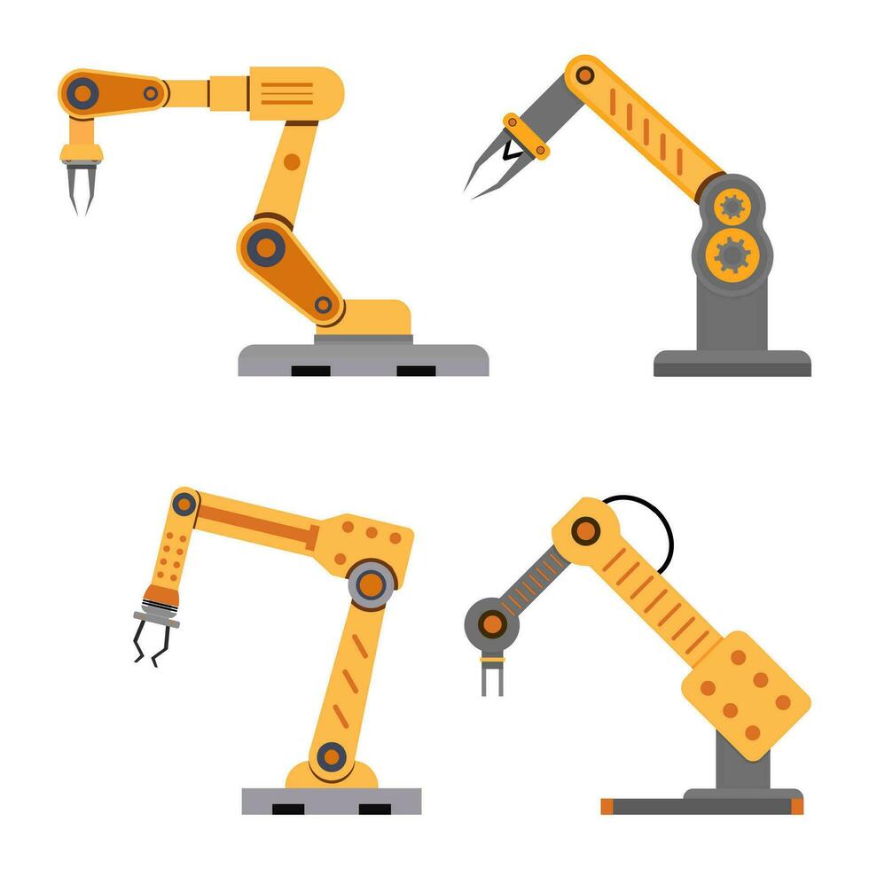 Industrial mechanical arms for assembly and manufacture. Vector conveyor mechanical robot, automation manufacturing and production, industry factory tools illustrations