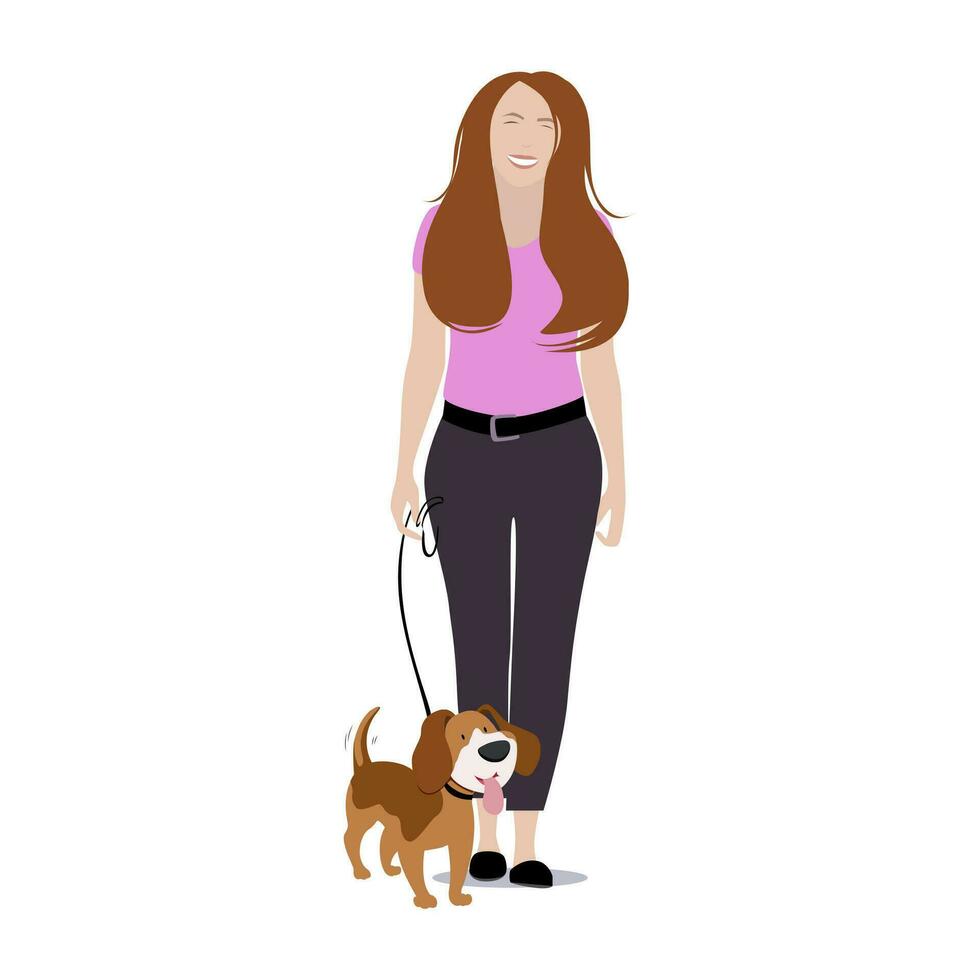 mujer caminar con perro aislado en blanco antecedentes. perro amigo y hembra propietario caminando. vector ilustración