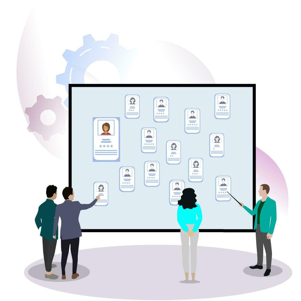 Searching employees, recruitment and selection candidate, look for resume. Team of headhunters find out personal skills and experiences. Pick resume and recruiting concept. Vector illustration