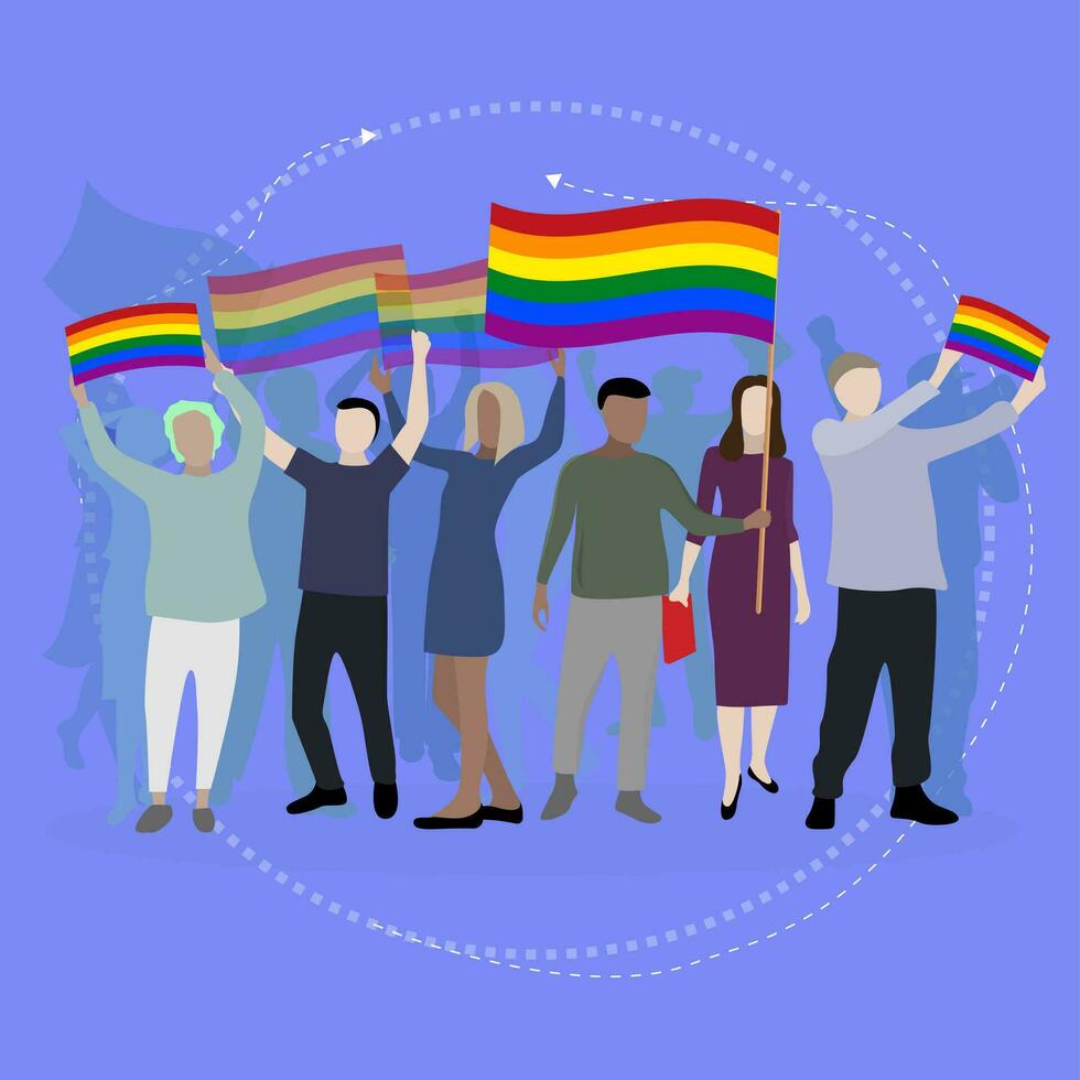 Lgbt parade, gays and lesbians with rainbow flags. Pride love illustration, lgbtq homosexual and transgender freedom demonstration vector