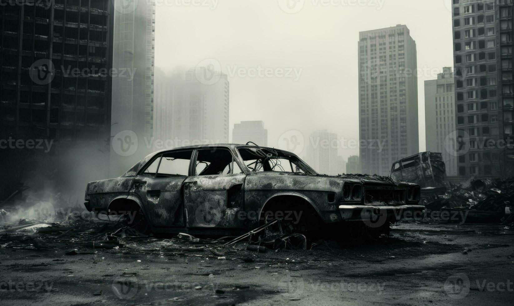 AI generated Burnt-out police car in an a city street backdrop.  AI generative. photo