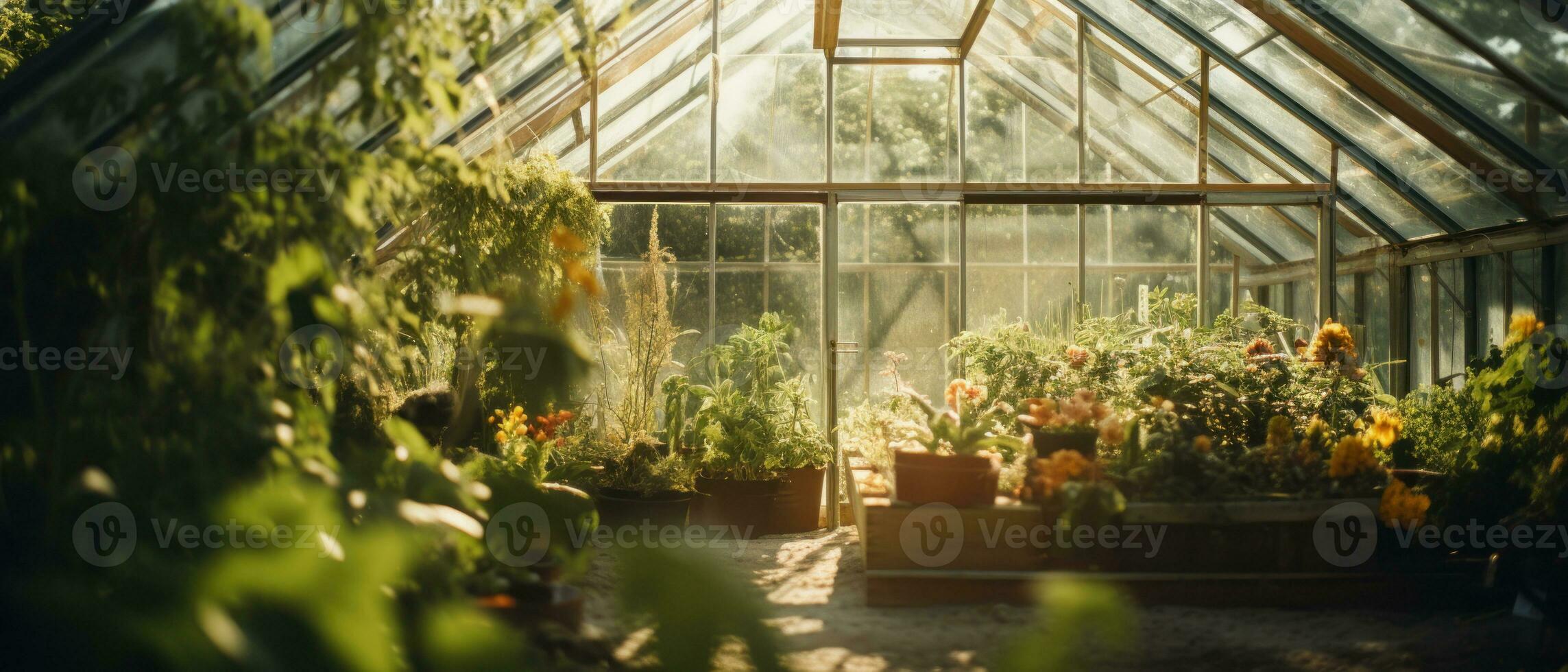 AI generated Serene greenhouse filled with lush greenery and vibrant flora. AI generative. photo