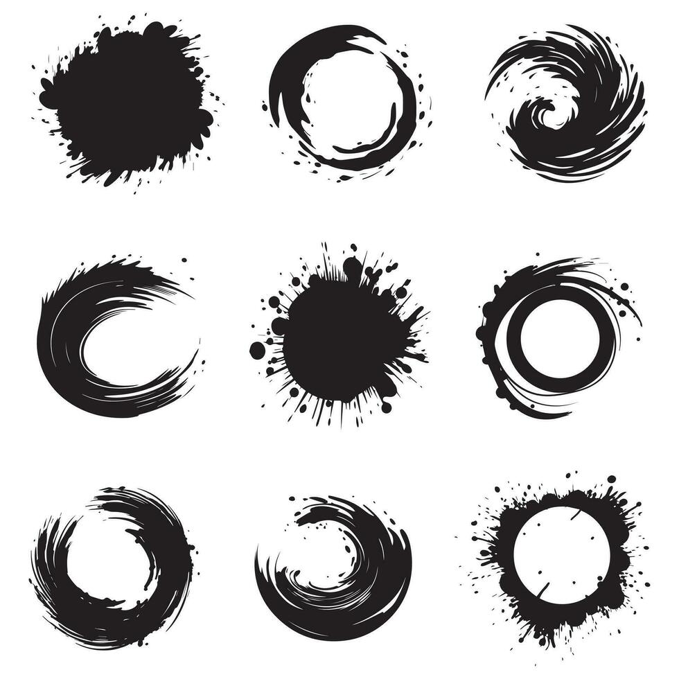 Brush circles round shape Stock black color design set. vector
