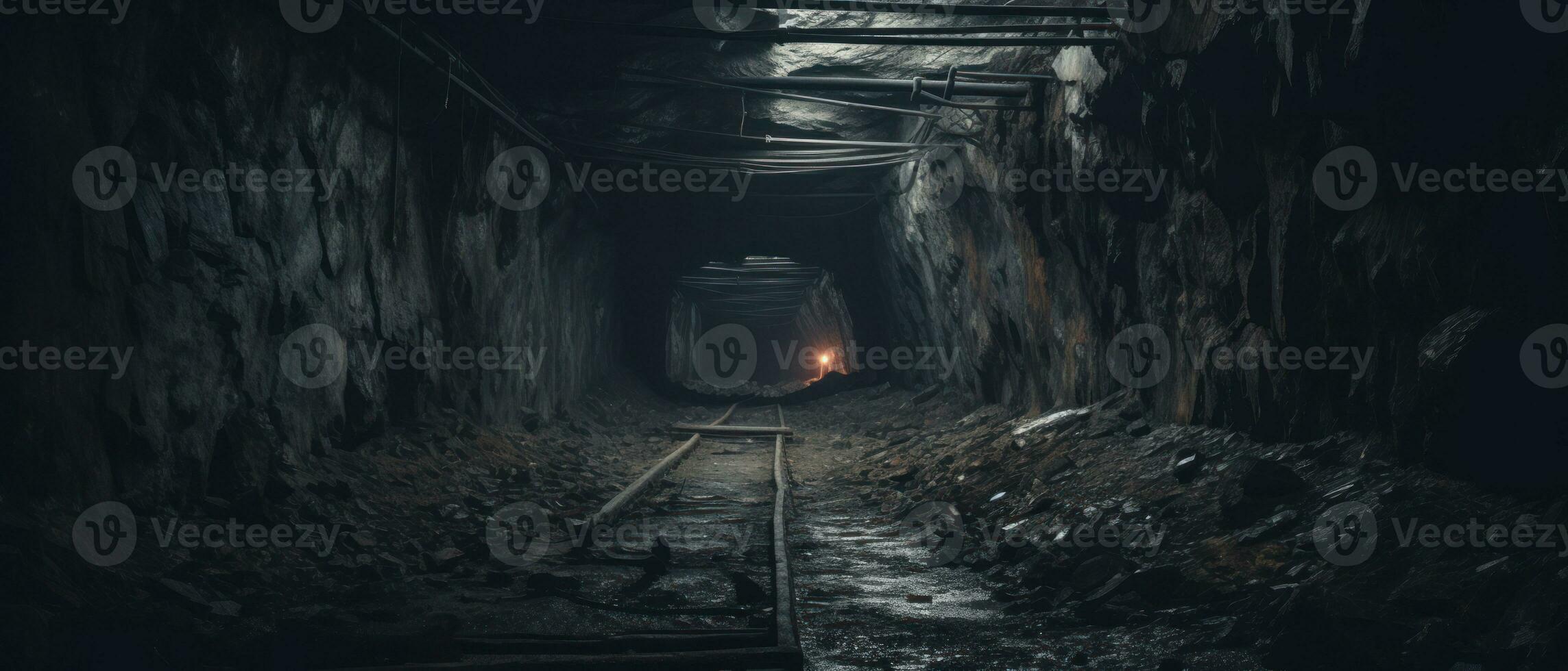 AI generated Eerie underground tunnel with abandoned train track. AI generative. photo