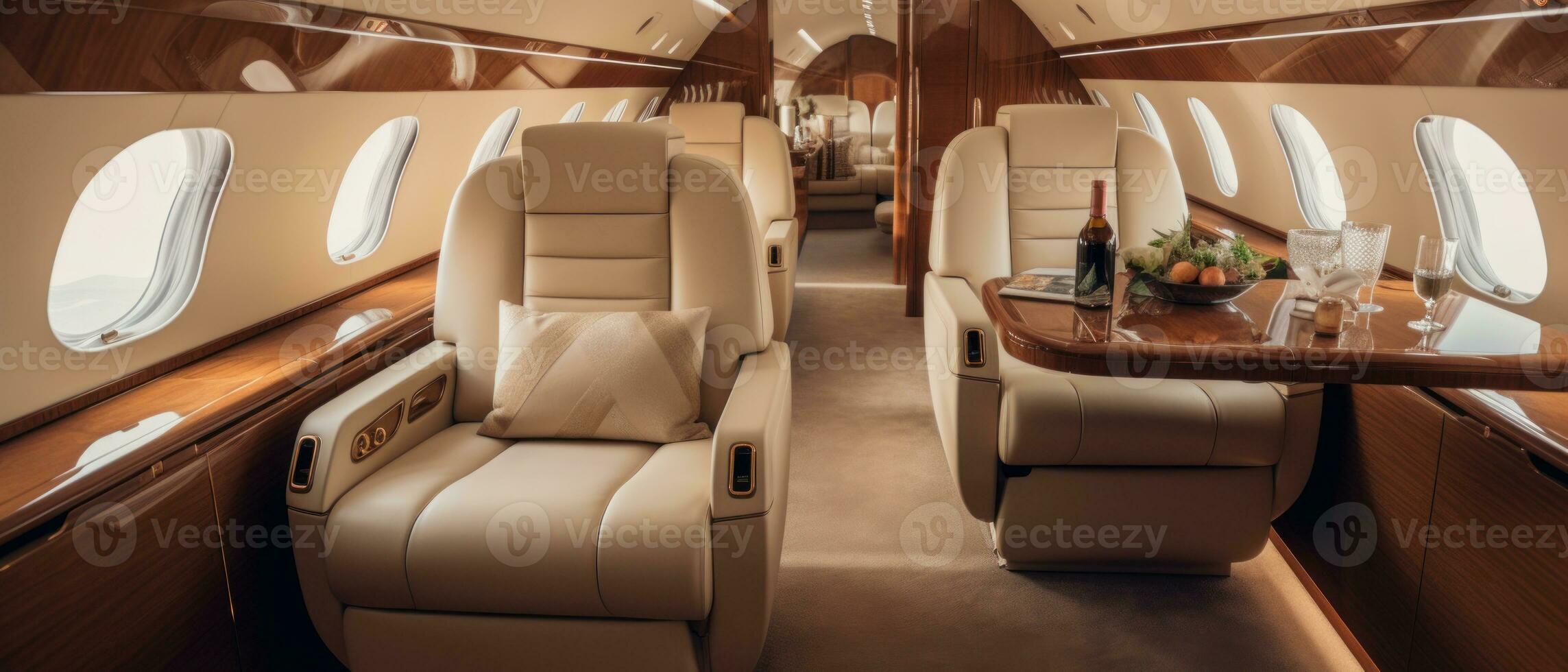 AI generated Luxurious private jet interior, leather seats, plush upholstery. AI generative. photo