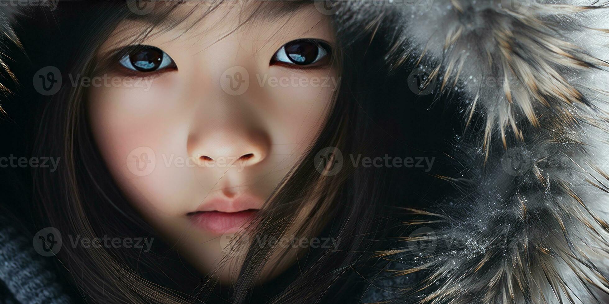 AI generated Young girl in fur coat with intense gaze. AI generative. photo