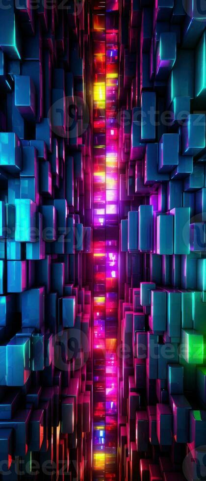 AI generated Neon lights and geometric patterns create a futuristic atmosphere. photo
