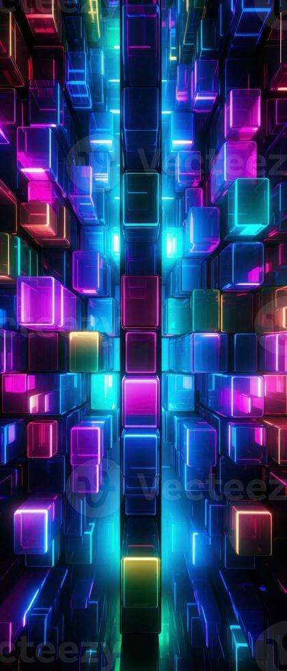 AI generated Neon lights and geometric patterns create a futuristic atmosphere. photo