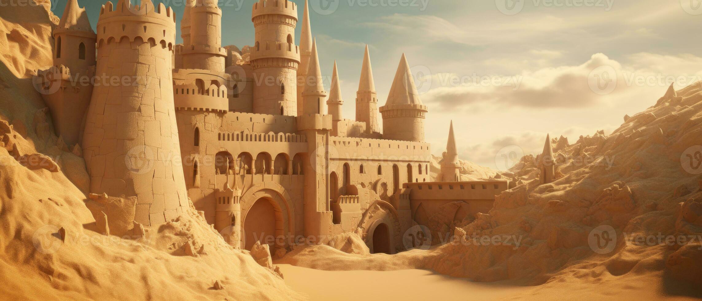 AI generated Magnificent sand castle on golden sand, with intricate towers. AI generative. photo