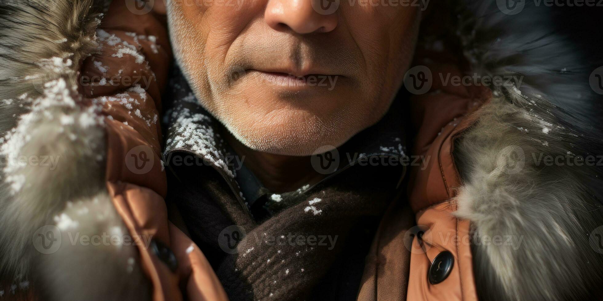 AI generated Stylish older man in luxurious fur coat, with a casual brown jacket. AI generative. photo