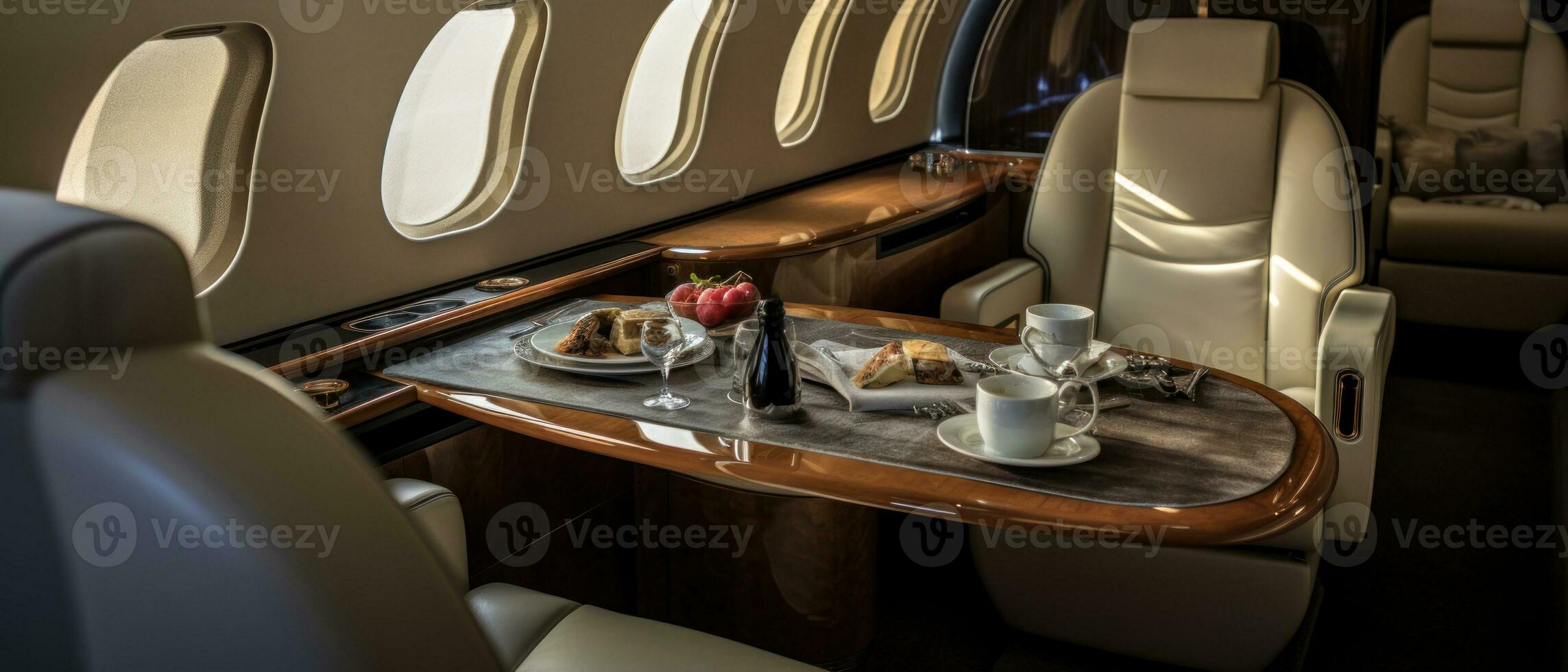 AI generated Luxurious private jet interior, leather seats, plush upholstery. AI generative. photo