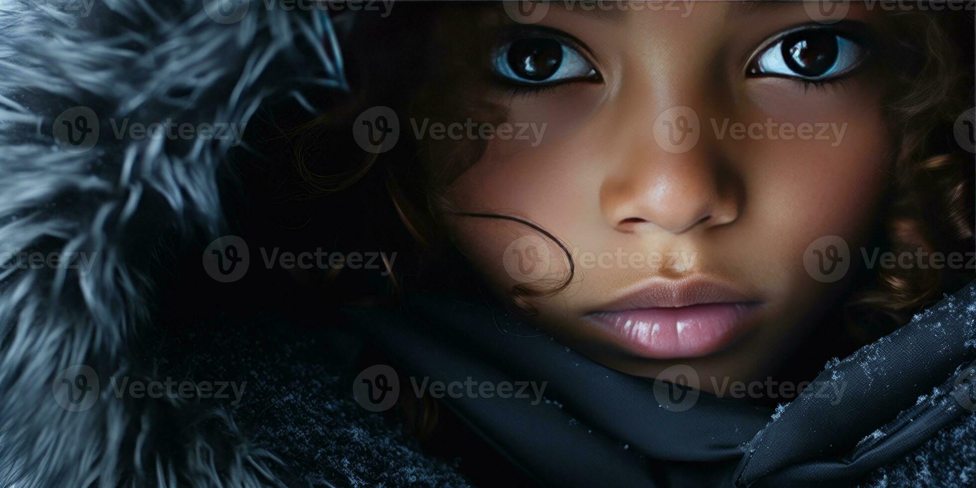 AI generated Close-up of a young black girl in a luxurious fur hooded coat. AI generative. photo