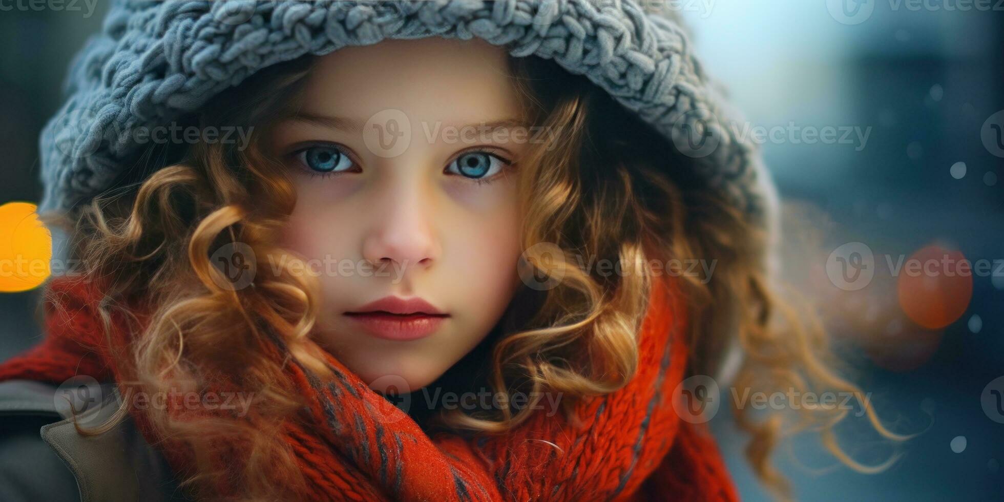 ai generado niña en invierno Saco y naranja bufanda. ai generativo. foto