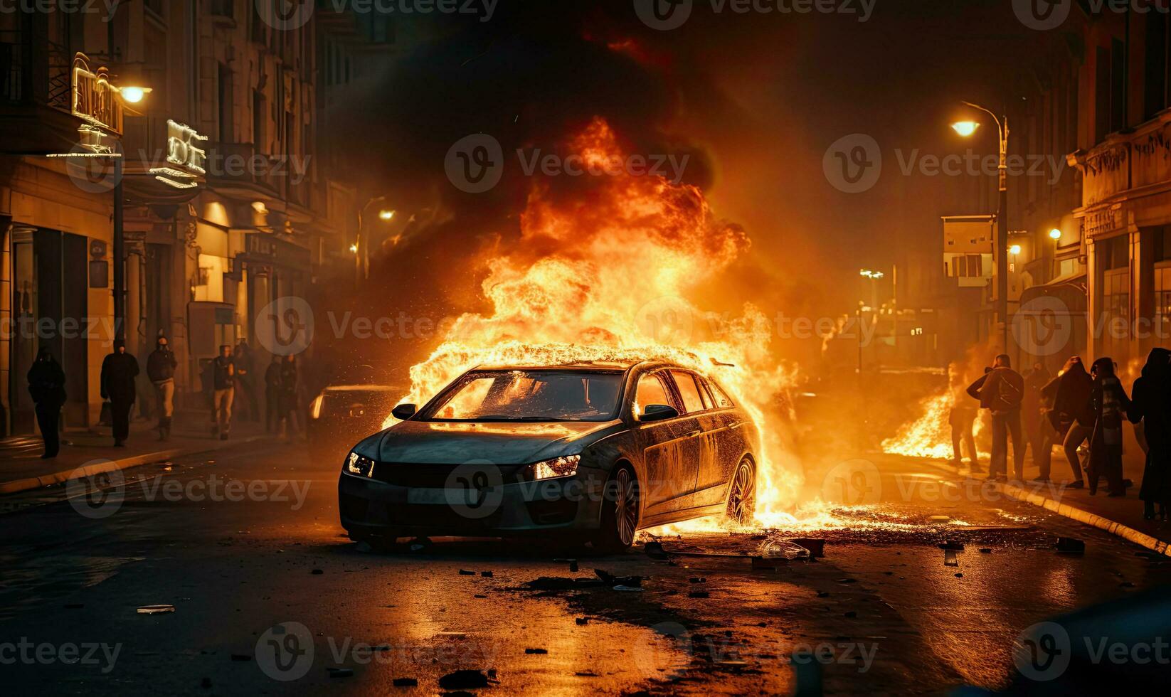 ai generado ardiente coche emitiendo grueso fumar en un calle. ai generativo. foto