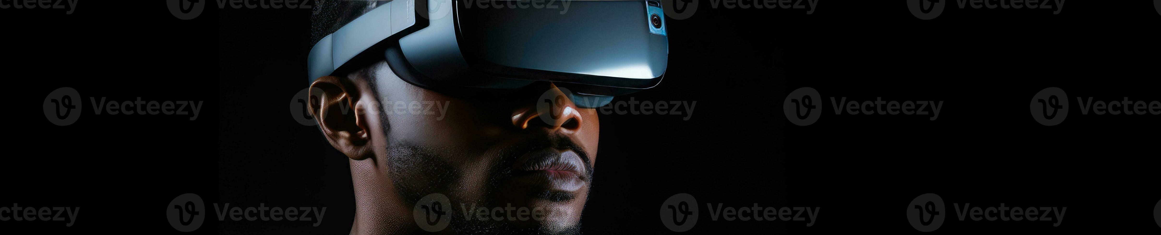 AI generated Black man fully immersed in VR, headset on. AI generative. photo
