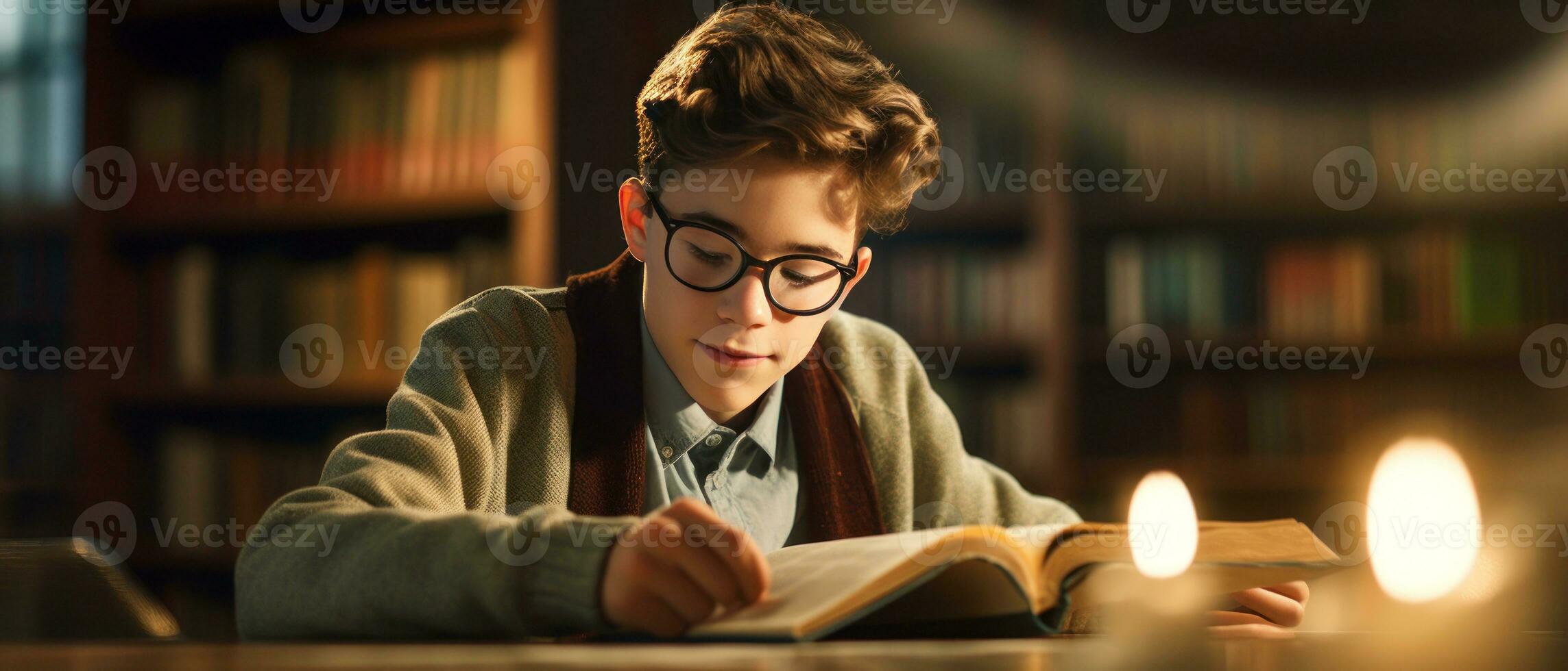 AI generated Young reader in sweater and glasses, absorbed in enchanting story,. AI generative. photo