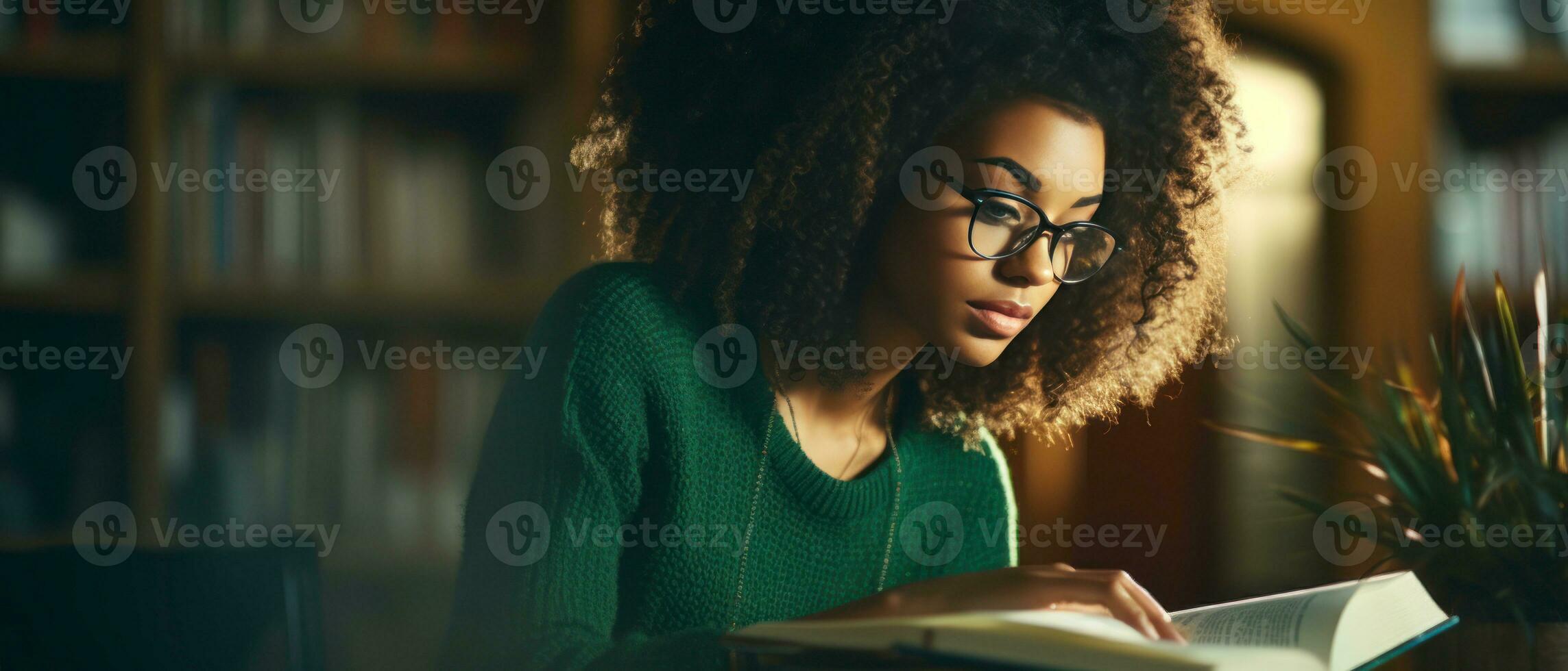 AI generated Cozy library setting, a woman engrossed in reading. AI generative. photo