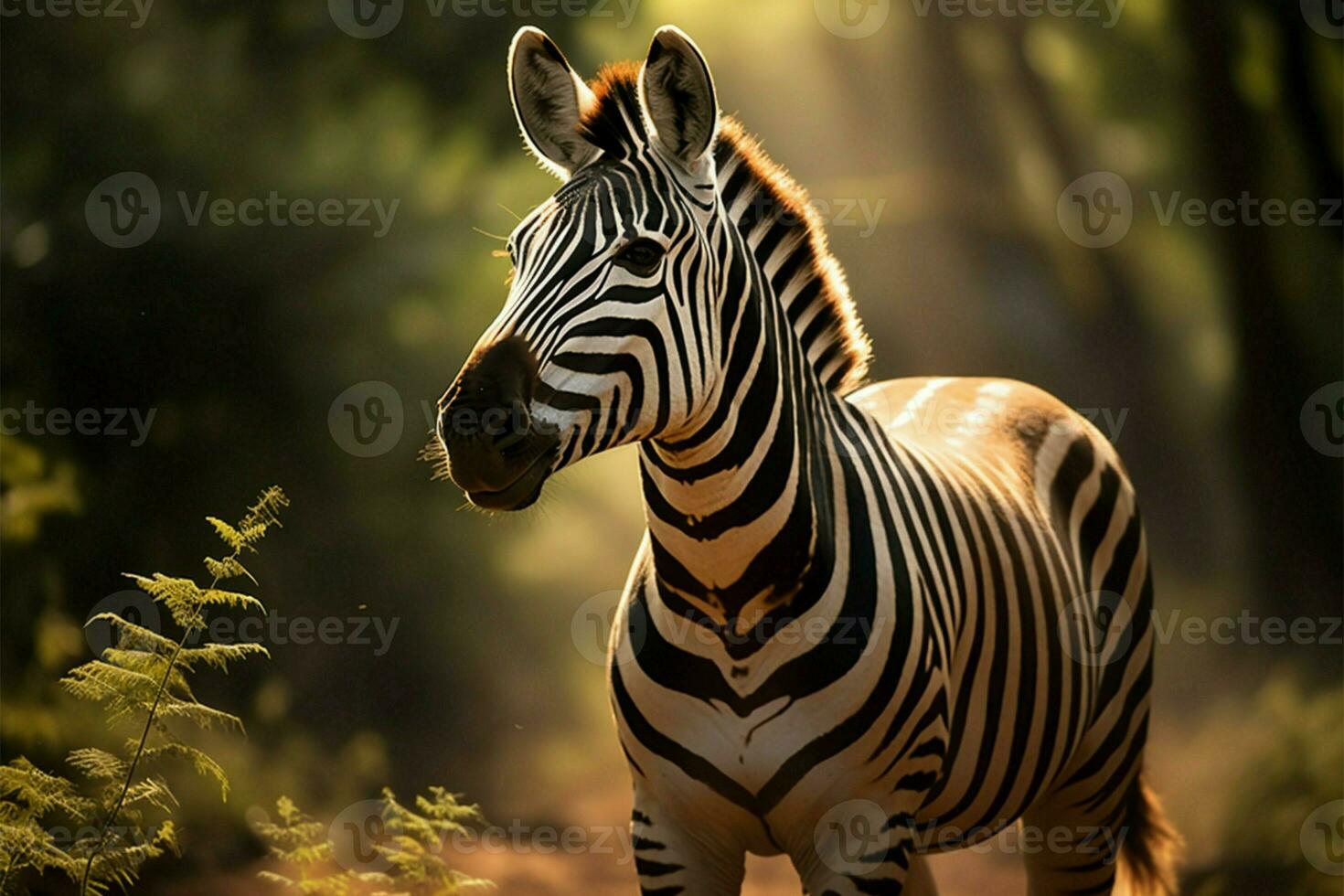 AI generated Natures contrast zebras portrait against the greenery of the forest photo