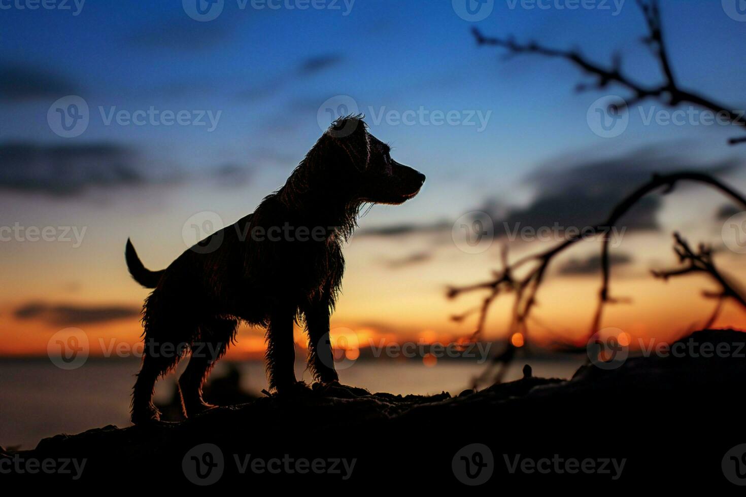 AI generated Sunset backdrop paints a serene silhouette of a loyal dog photo