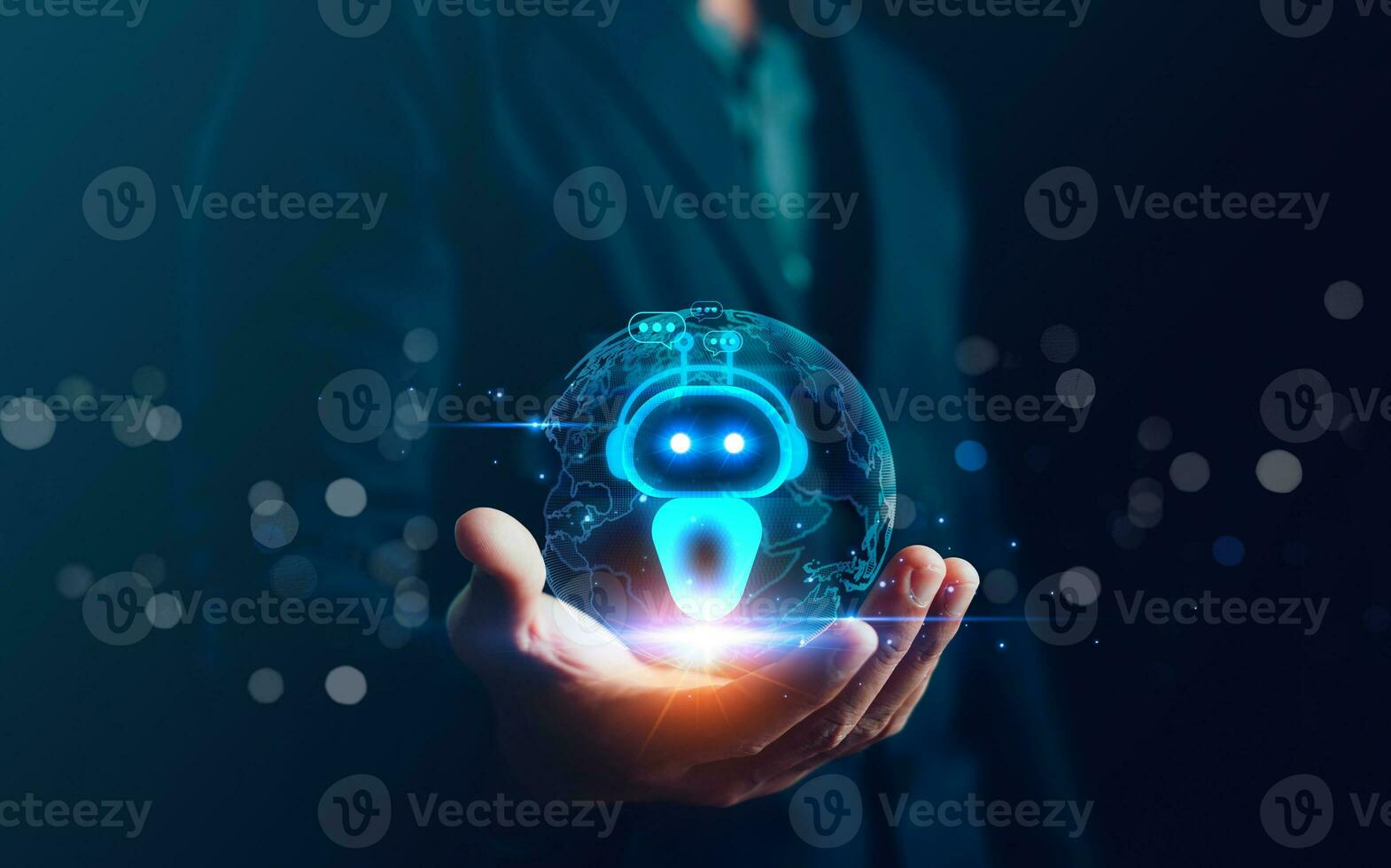 Chatbot Chat. AI, Artificial intelligence digital technology, Man use technology smart robot Ai, generate business data on website internet, Application solution. Futuristic technology transformation. photo