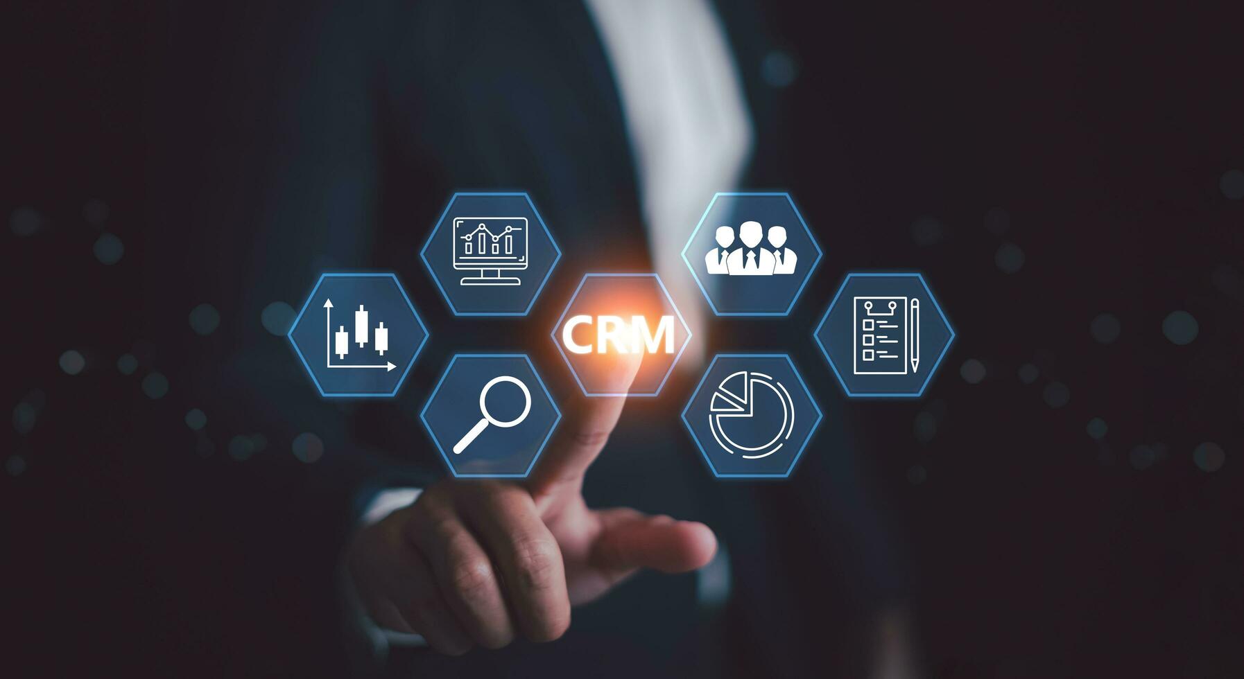 CRM. Customer Relationship Management, Businessman or client show global structure customer network technology, Data exchanges development, Customer service, Digital marketing online, Social media, HR photo