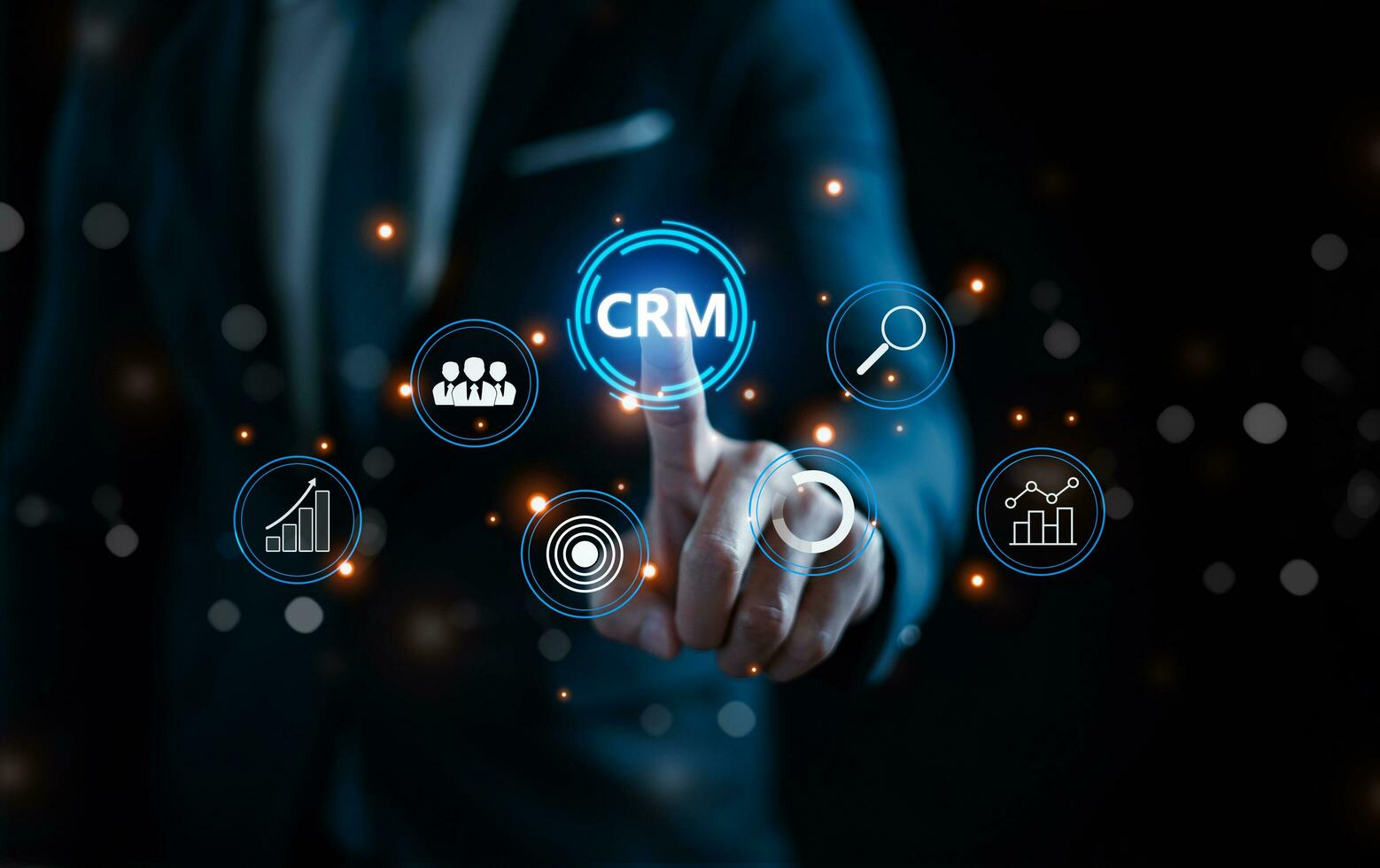 CRM. Customer Relationship Management, Businessman or client show global structure customer network technology, Data exchanges development, Customer service, Digital marketing online, Social media, HR photo