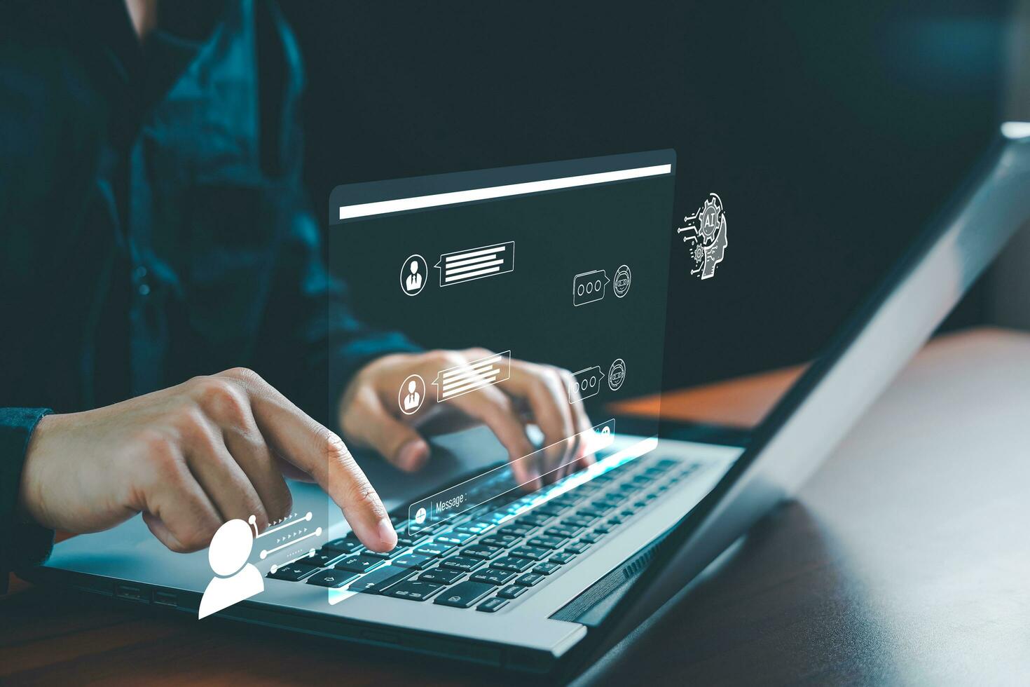 Chatbot Chat with AI, Man using technology smart robot AI, Artificial Intelligence, Artificial intelligence by entering command prompt for generates something, Futuristic technology transformation. photo