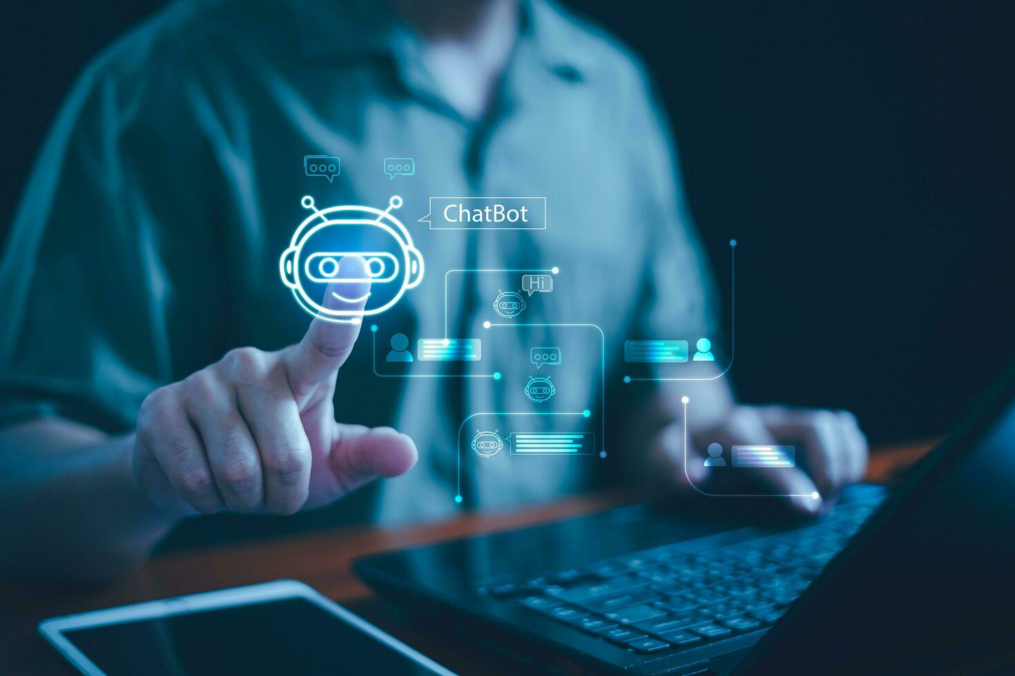 Chat AI concept, Artificial Intelligence, Chatbot, Business use technology smart robot AI Enter command prompt for generate, Futuristic technology transformation, AI service help customer, Assistant. photo