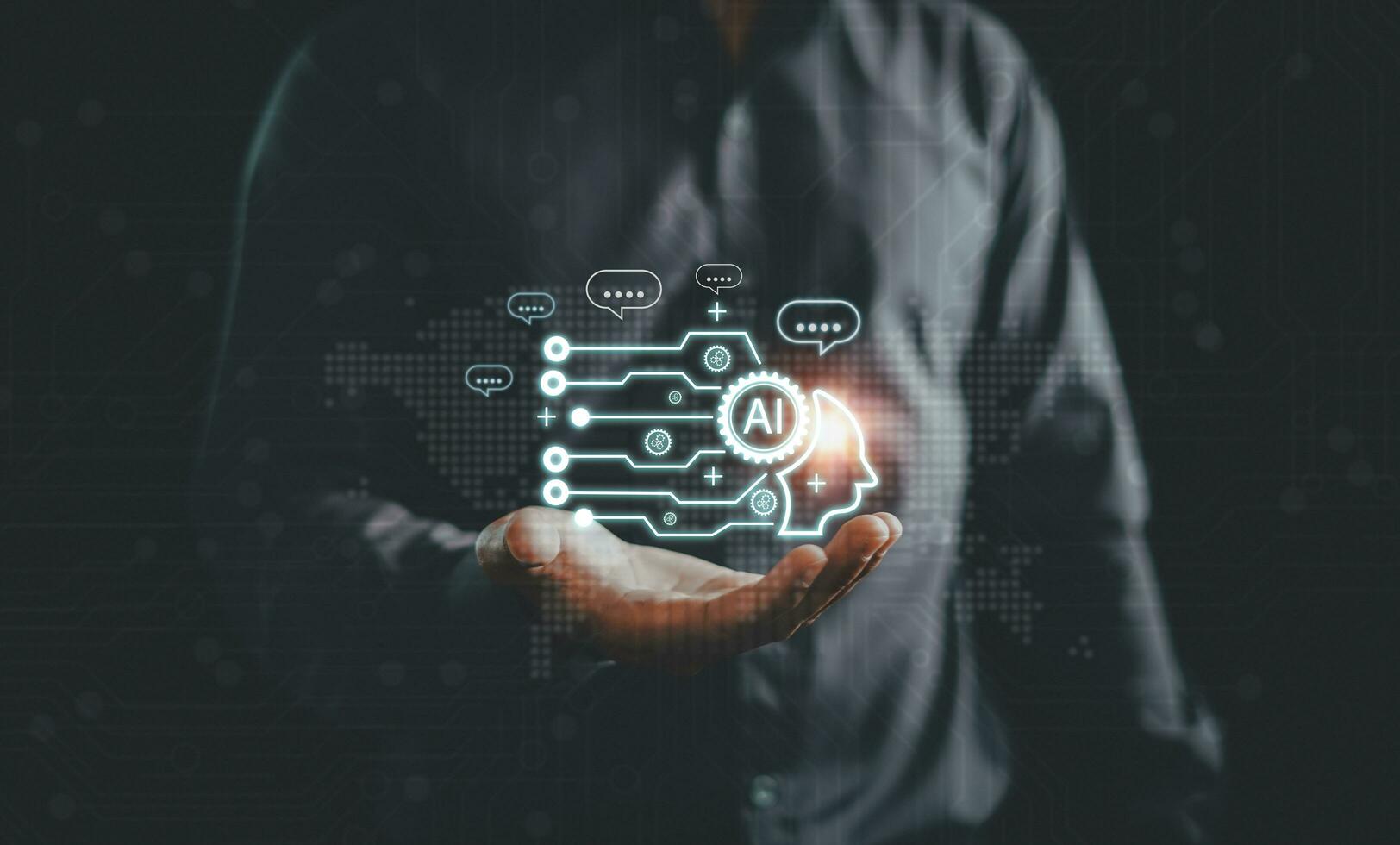 Chatbot Chat with AI smart robot, Artificial intelligence digital technology, Chatbot chat of Customers acres information online internet network, Futuristic technology transformation. photo