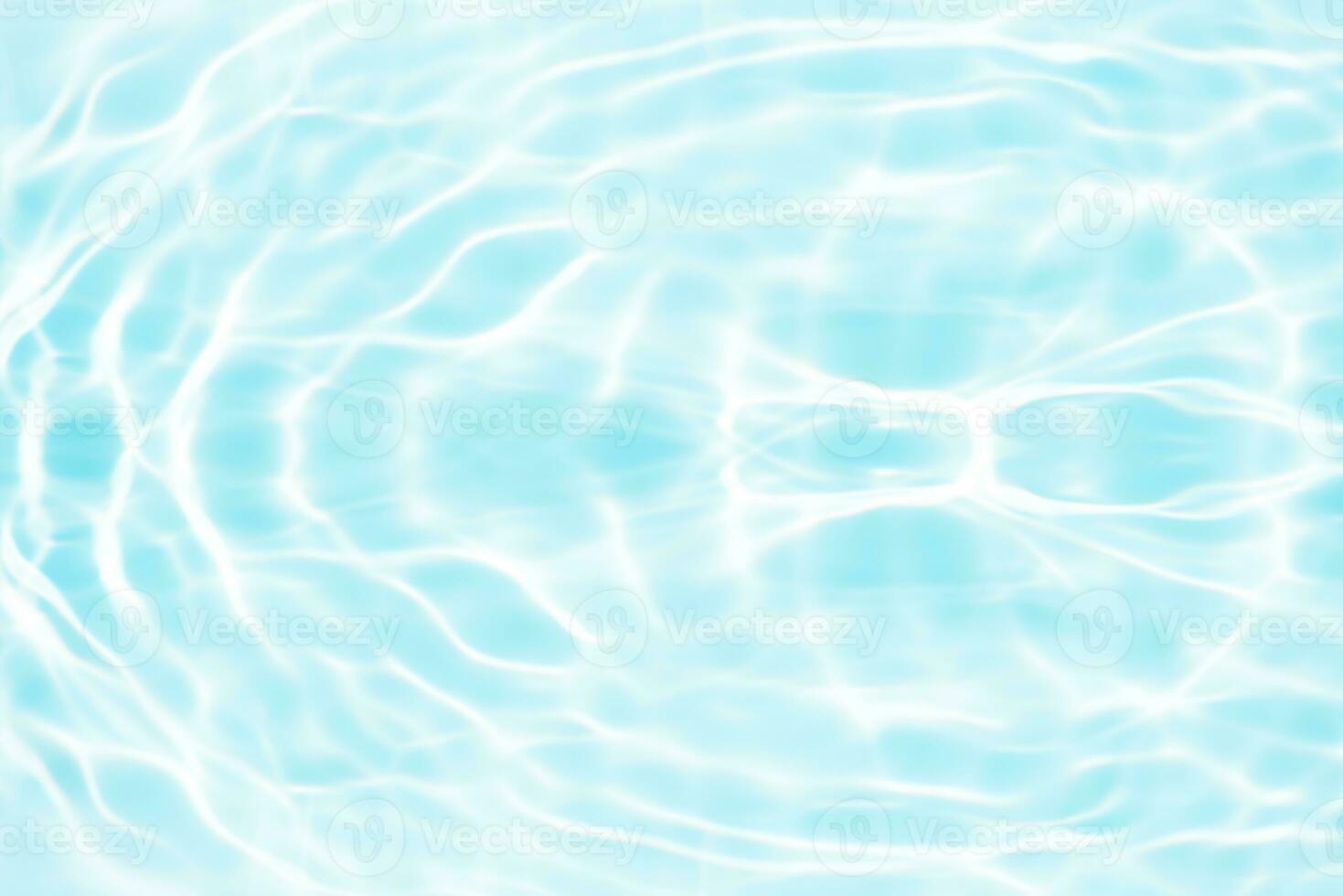 Defocus blurred transparent blue colored clear calm water surface texture with splashes and bubbles. Trendy abstract nature background. Water waves in sunlight with copy space. Blue watercolor shining photo