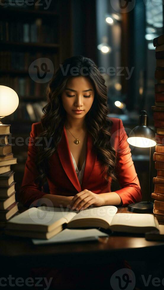 AI generated A beautiful girl asia face, sitting at a table and reading a book. photo